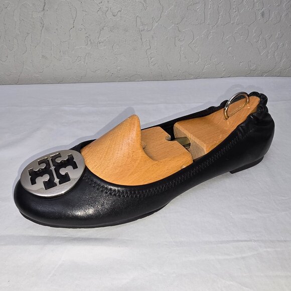 Tory Burch Reva Black Leather Silver Medallion Ballet Flats Women's Size 9.5 M - Picture 4 of 11